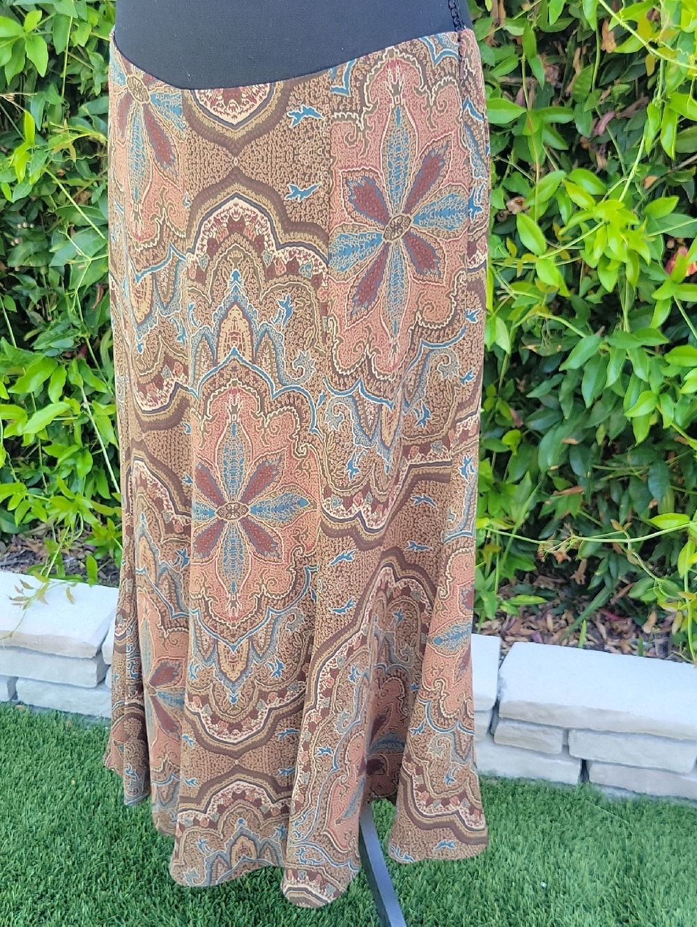 100% Silk Brown Floral Patterned Rodeo Western Cowgirl Festival Vibe Skirt 12 - Picture 2 of 15